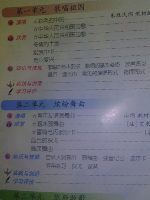 求七年级上新版音乐书目录