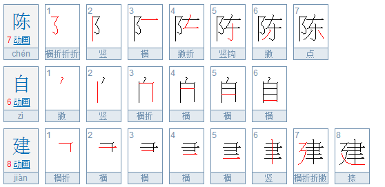 陈自建 一共3个汉字,共计笔画:21画