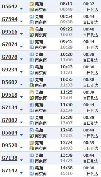 芜湖高铁动车弋江站到南京南站的车次表