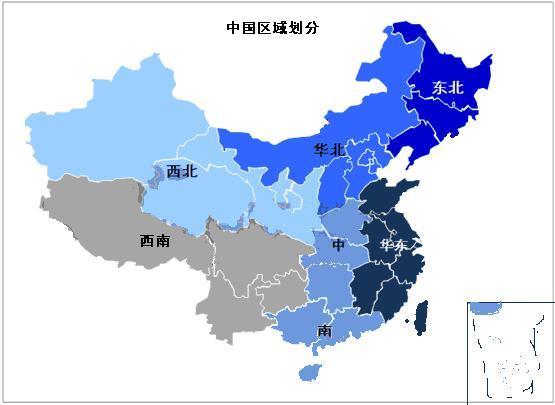 谁能给我画一张中国地图要按照区域划分为六个地区每个地区中画一个点
