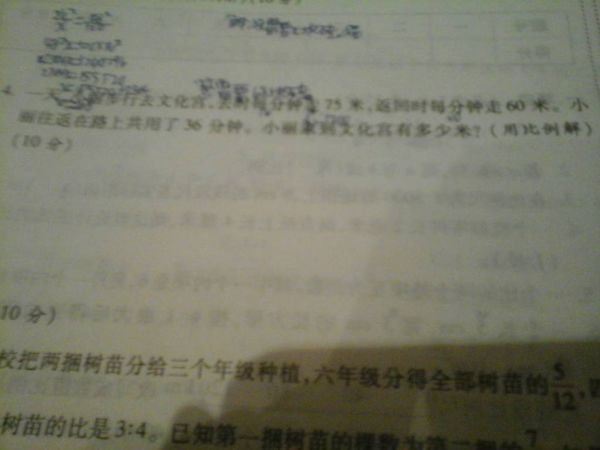 一天,小丽步行去文化宫,去时每分钟走75米,返还