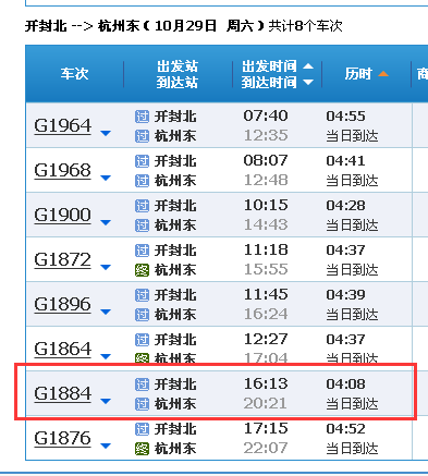 G1884次开封北开往杭州东站的始发时间