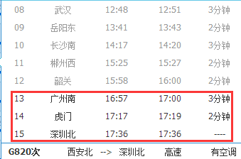 广州南到深圳北的G817次停站表