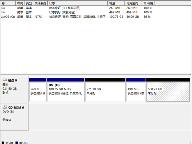 win10上给硬盘分区,压缩C盘后多出一个271未