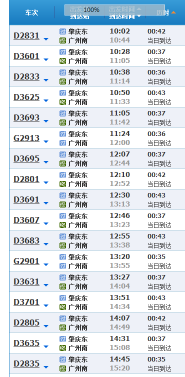 广州南到肇庆高铁时刻表