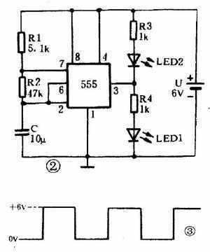 ne555做的两个led交替闪烁灯电路如图,电流从低电平输出端(3脚)流入为