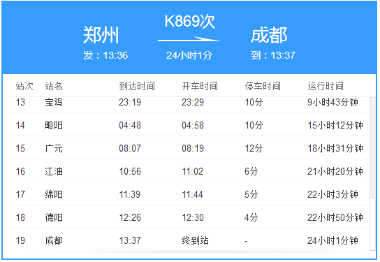 郑州到成都k869车次到成都是那个站停