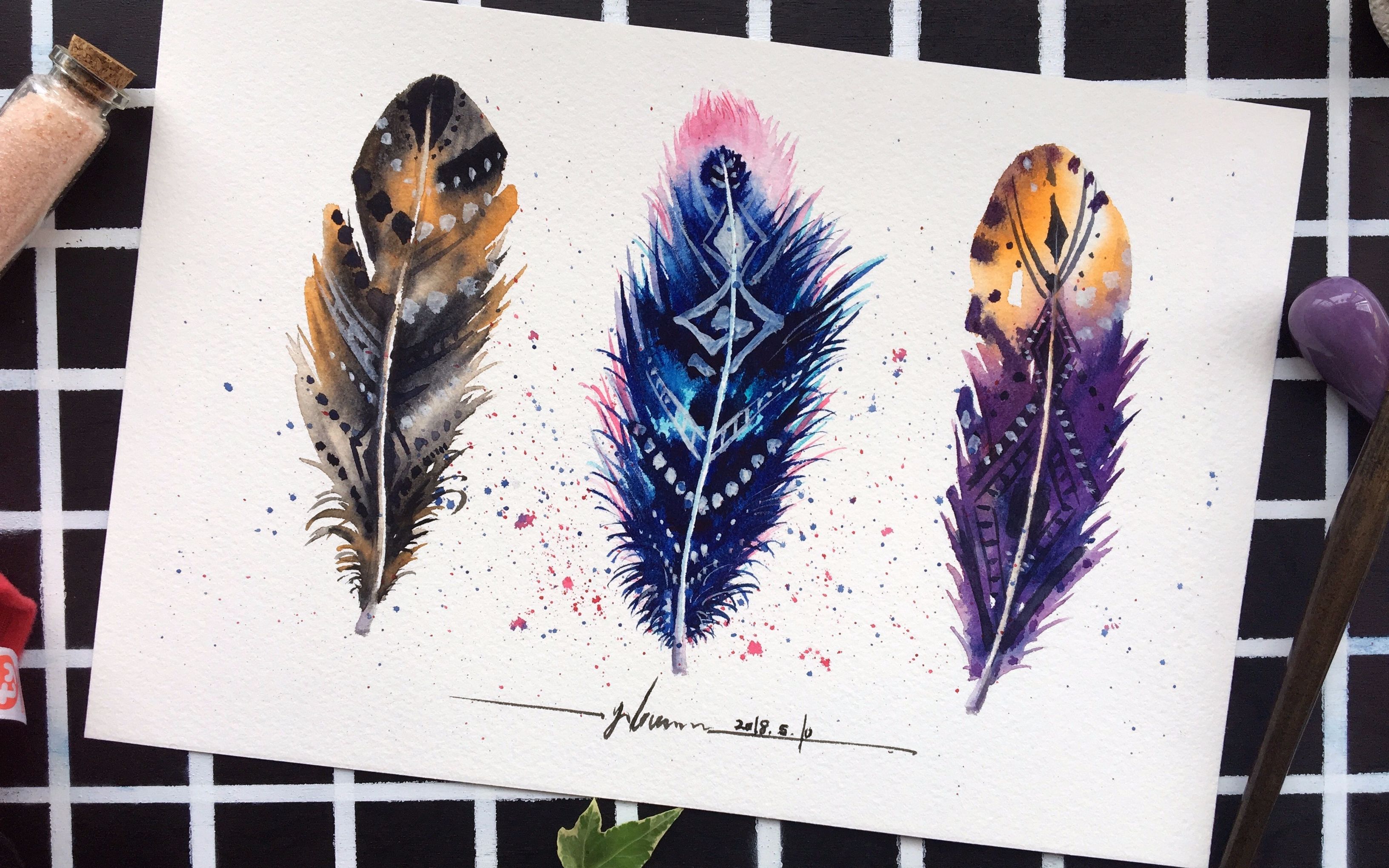 【水彩教程】水彩超简单唯美羽毛手绘过程