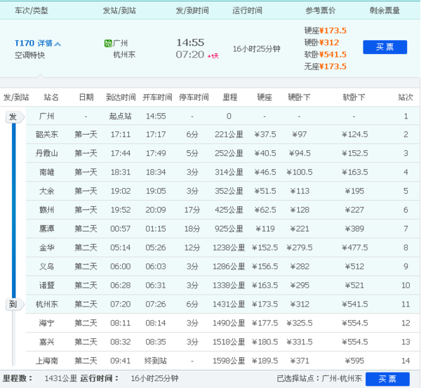 火车票T170广州到杭州是广州东吗