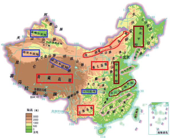 中国地形图(各大山脉,河流,地形位置及特征)