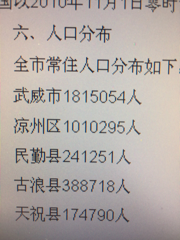 其中,凉州区1010295人,民勤县241251人,古浪县388718人,天祝县174790