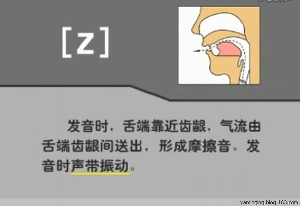 z 的发音是 舌尖靠近齿龈,气流由舌端齿龈间送出,形成摩擦音