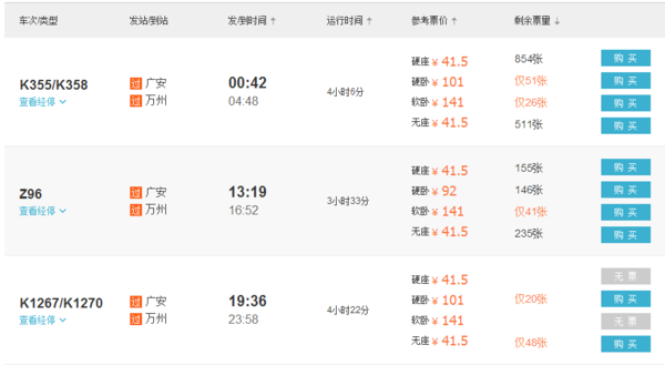 广安市前锋火车站到重庆万州火车站时刻表