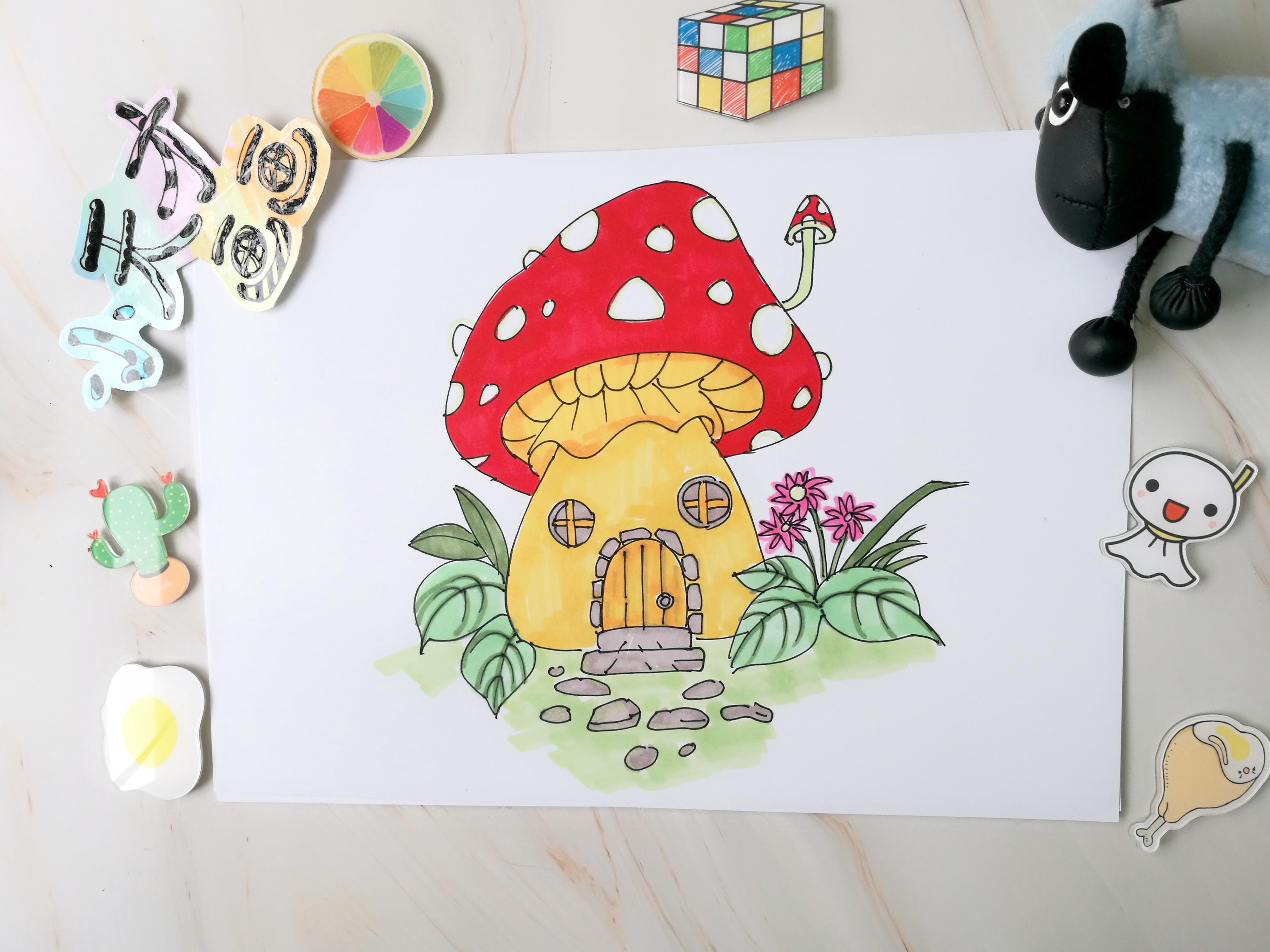 卡通蘑菇房子,儿童简笔画教学,小天才画画