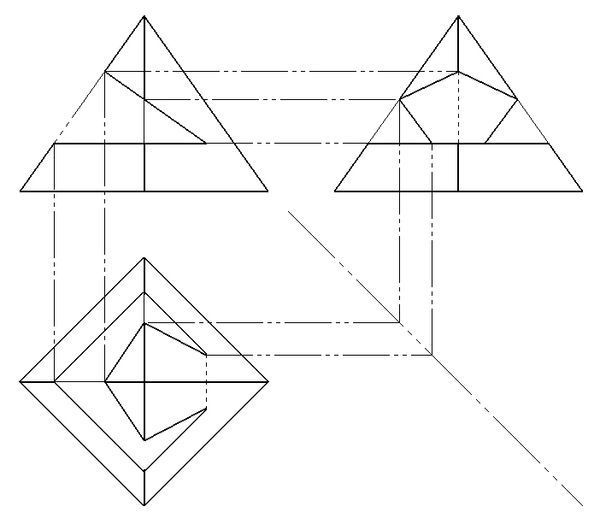 四稜錐被一水平面及正垂面所截完成俯視圖並作出左視圖