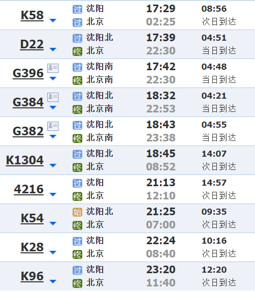 北京到沈阳高铁时刻表图片