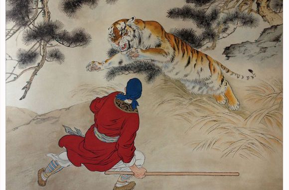 武松走了一直,酒力发作,焦热起来,一只手提哨棒,一只手把胸膛前袒开