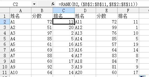 在电子表格中怎样在不同列中求名次