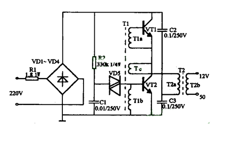 220v交流电降为12v直流电的电路图