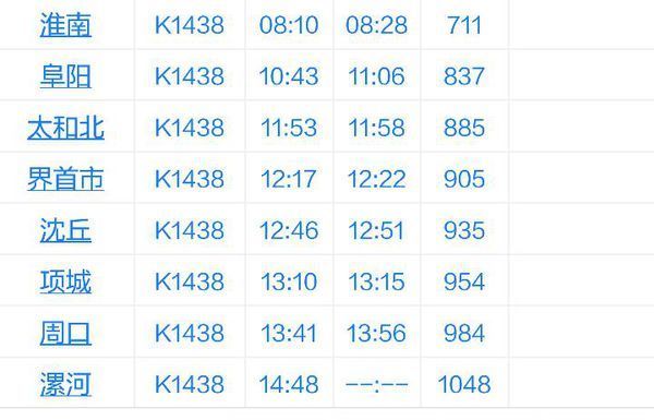 k1438次列车时刻表