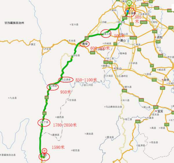 成都到西昌的海拔分布