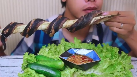 小哥吃烤蛇肉,配辣椒吃,看上很美味