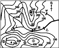 ①-陡崖 b.②-鞍部 c.③-山頂 d.④-山谷