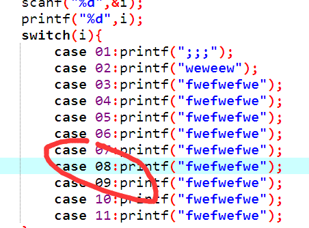 Dev-c++写C语言中的switch时01~07都可以,但