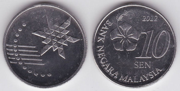 硬币正面是马来西亚国花——木槿花和马来语"bank negara malaysia
