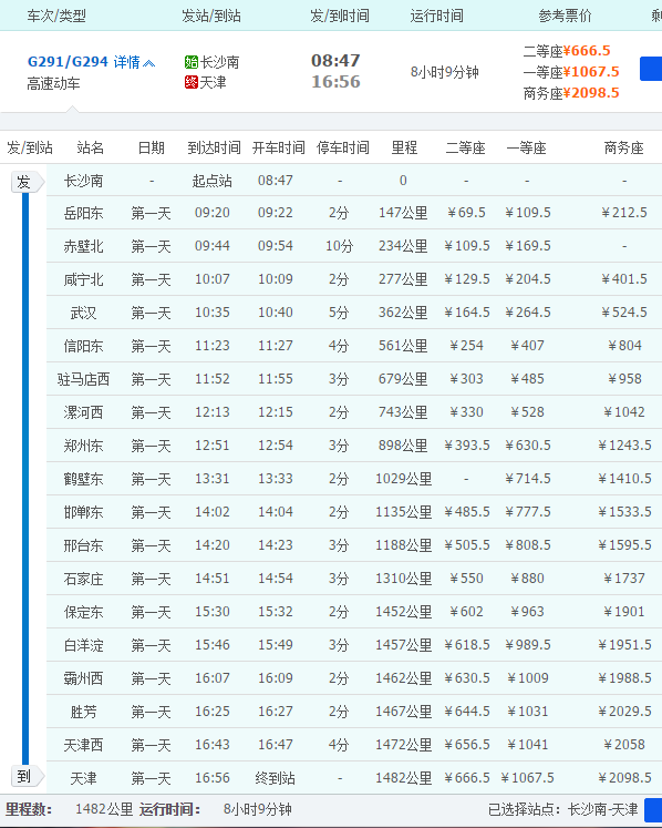 高铁g294长沙到天津有多少公里