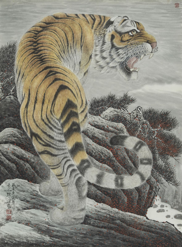 画家陆邦建的代表作品:六尺工笔虎〈高归远望图〉等,上山虎是人们最