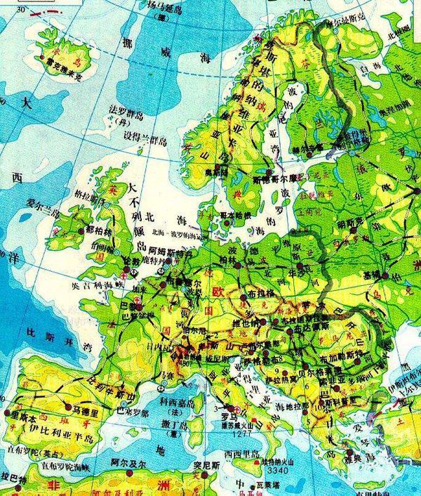 欧洲地形分布图高清图片