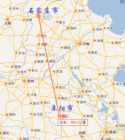 阜阳市在石家庄市的南稍偏东方向,两地中心区域直线距离约584公里,附