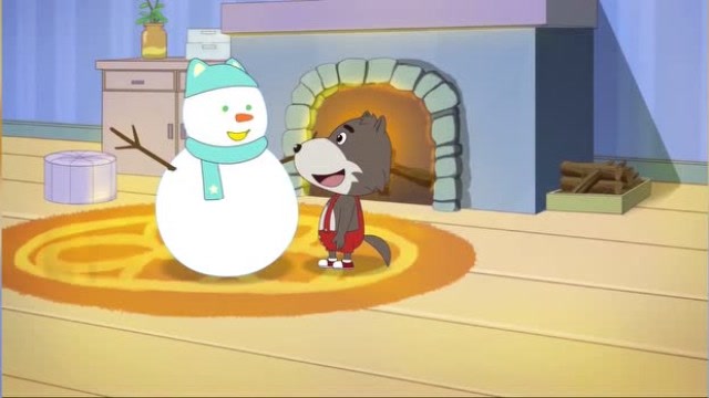 笨狼和他的朋友:笨狼把雪人搬回家烤火,还给它盖上了小毯子