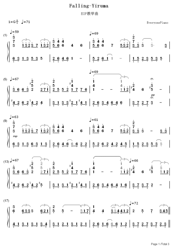 求下墜falling的鋼琴簡譜(左右手一起,完整版)謝謝