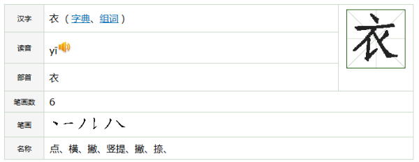 衣字的笔顺及田字格