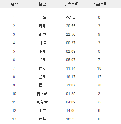 T164次列车时刻表