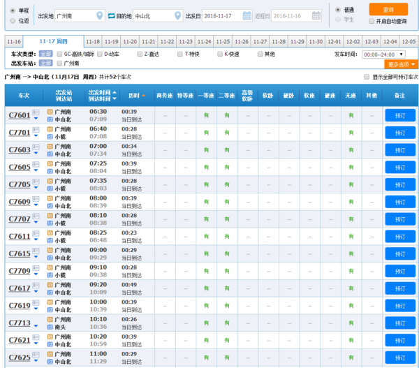 广州南到中山北轻轨时刻表查询