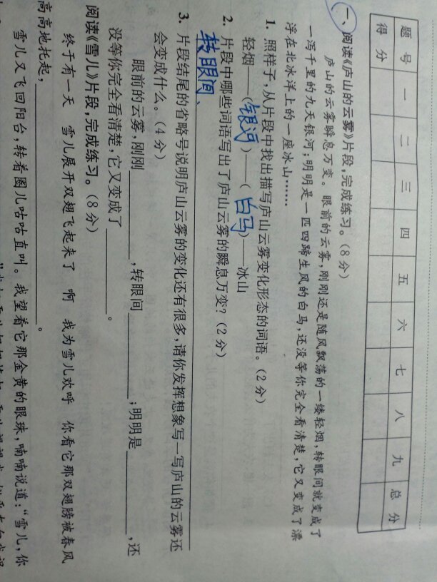 片段中哪些词语写出了庐山云雾的瞬息万变?