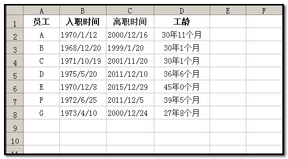 在d列显示工龄,工龄精确到月.数据截止到第8行.