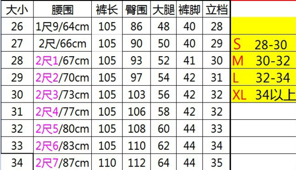 体重与裤子尺码对照表图片