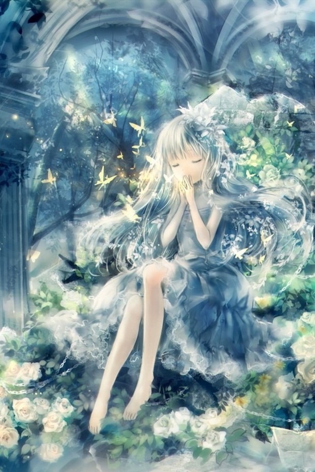 手上停有蝴蝶的动漫二次元女生