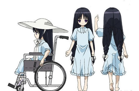 求冰蓝色眼眸,及腰黑发一身白裙的动漫少女图片