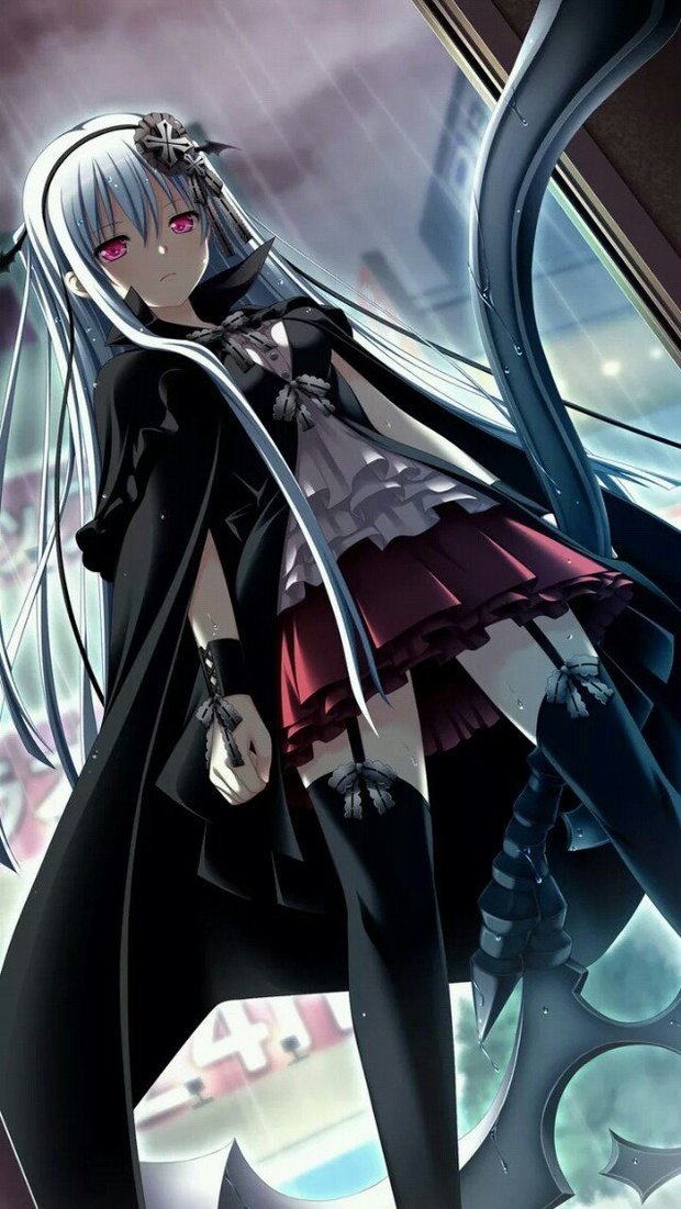 一个蓝色头发,眼睛是粉红色的,身后穿着一件黑色斗篷的动漫女生,如图