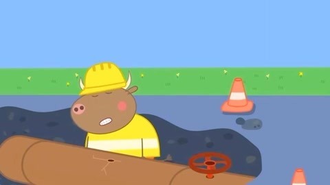 小猪佩奇:地上喷了水,犀牛先生要把地挖开,然后修理坏水管