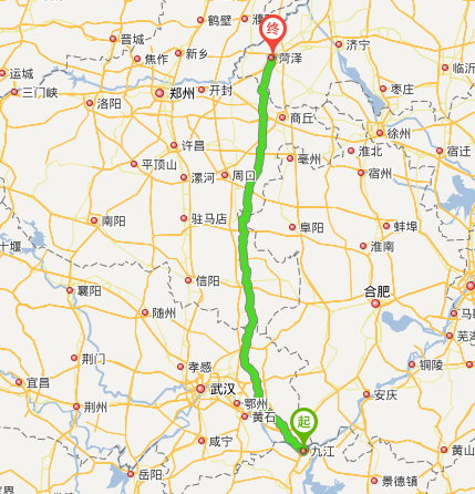 一,从地图上看,江西省九江市位于山东省菏泽市的南方,如图所示