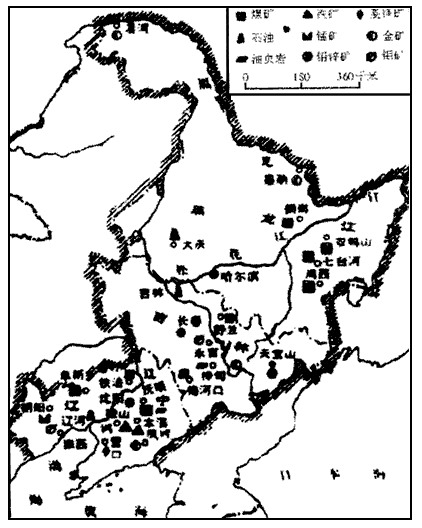 讀遼中南工業區圖,東北地區礦產資源分佈圖和東北地區工業部門產值