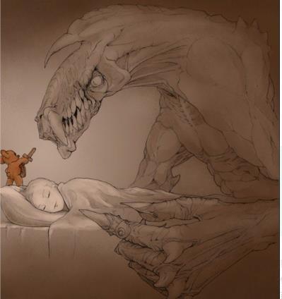 求一张玩偶小熊拿着一把剑保护睡觉中的孩子图片