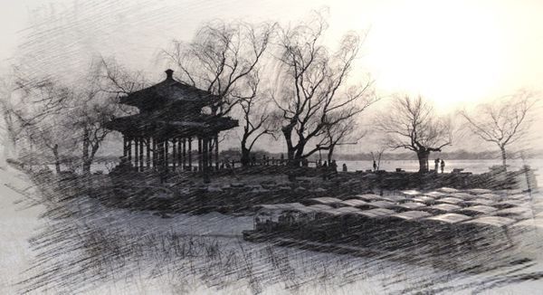 用素描画黄昏的太阳