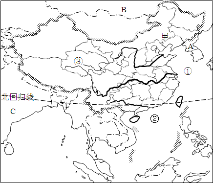 读“中国及周边地区略图”，分析回答问题。(共7分)  (1)图中，字母A是________(国家)，B是